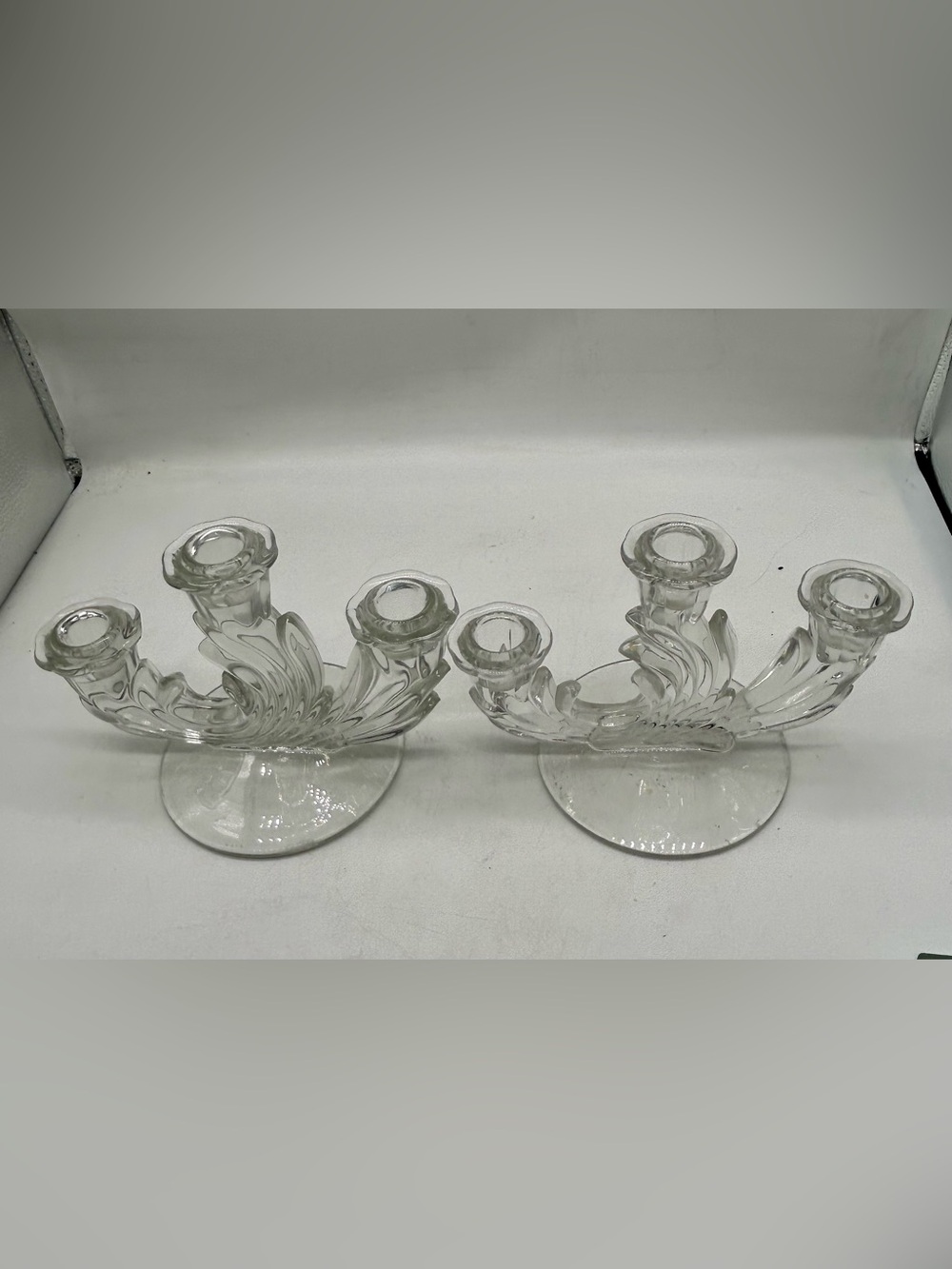 2 Clear Swirl Glass 3-Arm Candle Holders